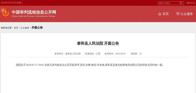 泰和县冠泰兴精密模具有限公司因劳务合同纠纷案件被告2024年7月17日在泰和县人民法院开庭(图1)