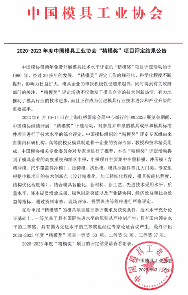两年一度的模具行业技术水平能力认定——“精模奖”项目结果公告(图2)