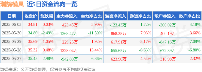 股票行情快报：瑞鹄模具（002997）6月3日主力资金净买入42345万元(图1)