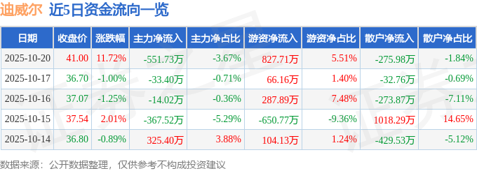 十大买球平台：迪威尔（688377）10月20日主力资金净卖出55173万元(图1)